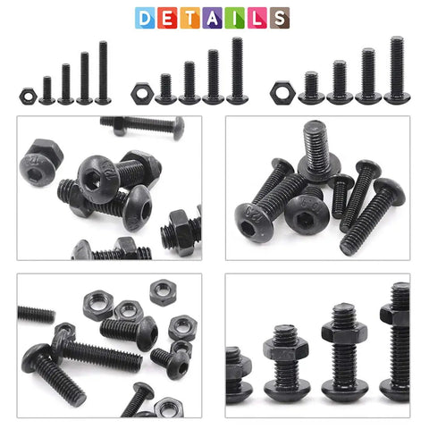 Close-up of 510 Piece M3 M4 M5 Button Head Socket Cap Bolt And Nut Assortment Kit With Black Oxide Finish made from heavy duty steel.