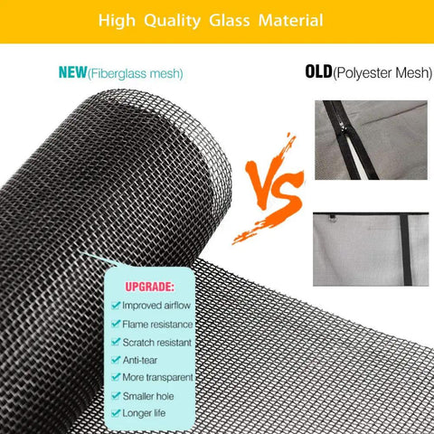 Comparison of new fiberglass mesh and old polyester mesh for Ready-To-Install Magnetic Garage Screen For Double Car Doors.