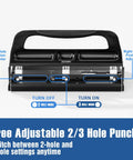Heavy Duty 2 Or 3 Hole Punch With Adjustable Heads And Non Slip Base Nine Thirty Second Inch Hole Diameter 40 Sheet Capacity Easily Switch Between 2 And 3 Holes Compatible With A4 And US Letter Binders Works Like A Charm For Office School Home, front view.