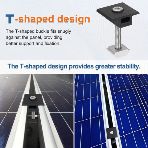 T-shaped design of the All Weather Aluminum Solar Panel Mounting Clamp Kit For 45mm Rails, black, securing solar panels.