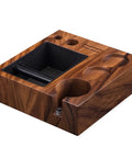 Top Shelf Natural Walnut Espresso Knock Box And Tamp Station, Removable Stainless Steel Grounds Holder, Eight In One Compact Organizer For 58mm Baskets, No Sweat Cleanup For Your Daily Grind Setup, shown from above.