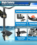 Powerful 9HP Four Stroke Outboard Motor with air-cooled safety features and flameout switch visible in water