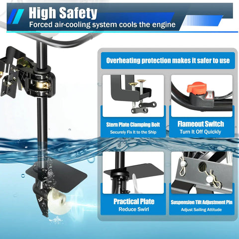 Powerful 9HP Four Stroke Outboard Motor with air-cooled safety features and flameout switch visible in water