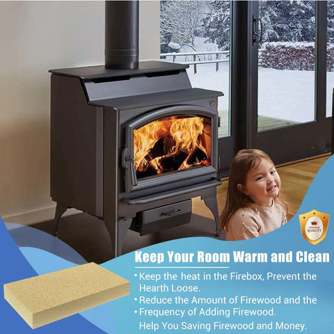 Beefy Vermiculite Woodstove Fire Bricks Replacement Set with fire stove and child by window, six pack for US Stove FBP6