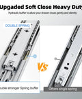 Comparison of heavy duty soft close drawer slides showing double spring buffer versus single spring.