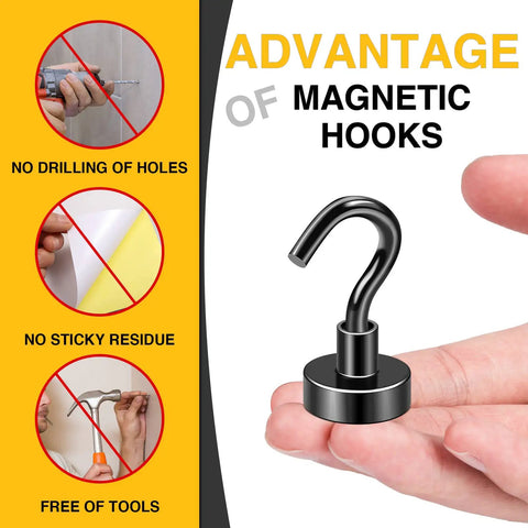 Person holding Heavy Duty Magnetic Hooks for Fridge and Grill, Industrial Strength Neodymium Hangers, no drilling or sticky residue