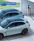 Top Shelf Heavy Duty Level Two EV Charging Cable Type Two Male To Type One Female Mode Three Electric Vehicle Adapter 32 Amp 7 Kw Power Delivery Sixteen Feet Go Getter Cable For J1772 Plug In Vehicles connected to electric vehicle in charging station.