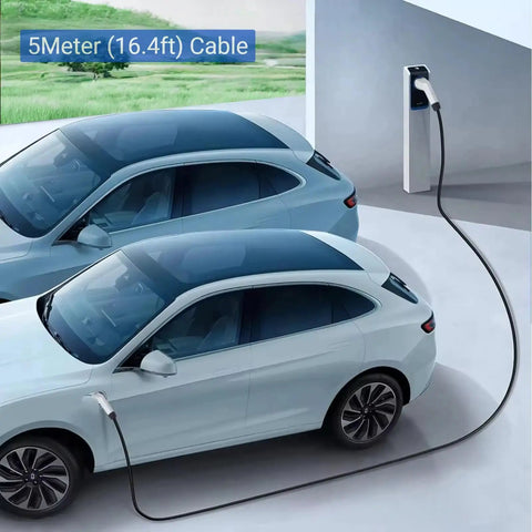 Top Shelf Heavy Duty Level Two EV Charging Cable Type Two Male To Type One Female Mode Three Electric Vehicle Adapter 32 Amp 7 Kw Power Delivery Sixteen Feet Go Getter Cable For J1772 Plug In Vehicles connected to electric vehicle in charging station.