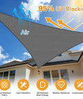 Sun Shade Sail 20 By 20 By 28 Point 3 Triangle Dark Grey With Curved Edges Commercial Grade 185GSM HDPE installed over patio.