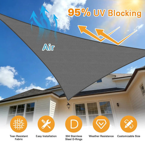 Sun Shade Sail 20 By 20 By 28 Point 3 Triangle Dark Grey With Curved Edges Commercial Grade 185GSM HDPE installed over patio.
