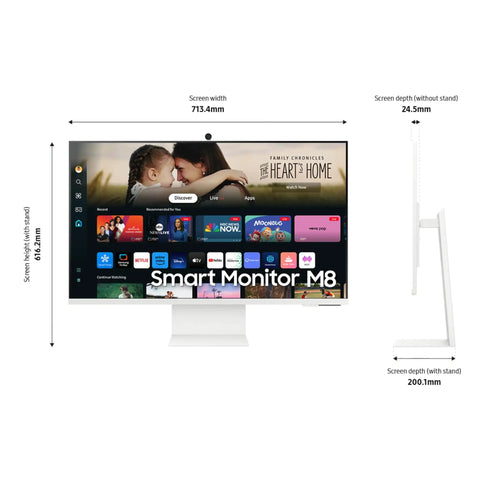Front and side view of 32 Inch M80D Series 4K UHD Smart Monitor With Streaming TV Built In Speakers HDR10 Plus AI Upscaling USB C