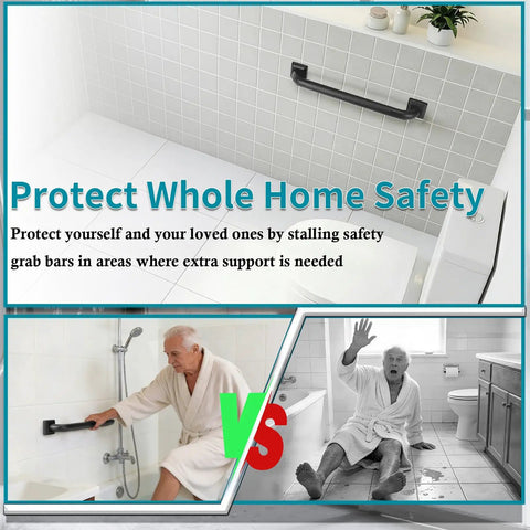 Rock Solid 12 Inch Square Shower Grab Bar in Matte Black with Killer Knurled Grip Crafted from Hefty 304 Stainless Steel used for safety in bathing.