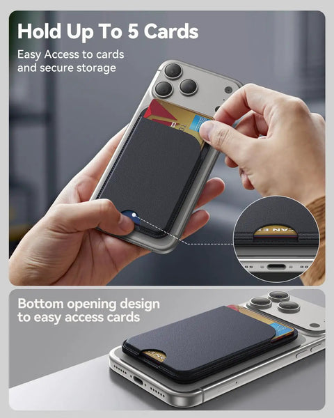 Person inserting card into MagSafe Wallet With Five Card Slots And Stand, Magnetic Phone Wallet Stand For iPhone 12-17, Black.