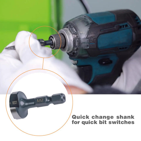 Step Drill Bit Set From One Quarter To One And Three Eighths Inch in use, showing quick change shank, M2 high-speed steel.