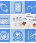 Eyeglass cleaning wipes packets on a blue icon collage showing glasses, phone, laptop, camera and tablet.