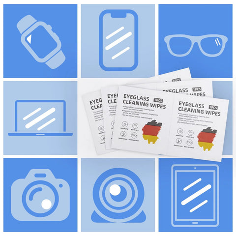 Eyeglass cleaning wipes packets on a blue icon collage showing glasses, phone, laptop, camera and tablet.