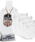 Heavy Duty AR500 Steel Target Set For Rifle And Pistol Practice, Includes Ten Inch, Eight Inch, Six Inch, Four Inch Gongs And Twelve By Twenty Silhouette Plate, One Half Inch Thick, Made In USA, Veteran Owned Range Gear For Real Shooters, featuring gongs and silhouette with veteran tag
