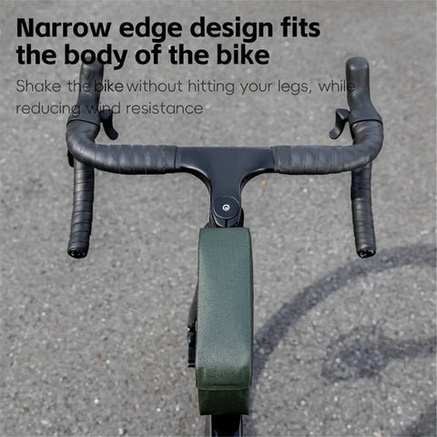 Bolt-On Top Tube Bike Bag With Magnetic Flap For Quick Access During Rides, Green, attached to bike handlebars, front view