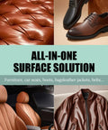 The Real Deal Leather And Furniture Repair Salve Polisher With Deep Conditioner That Brings Beat Up Surfaces Back To Life And Keeps Your Ride Looking Crisp For Cars Couches Boots 8 Oz displayed on leather surface, shoes, car seats, and jacket.