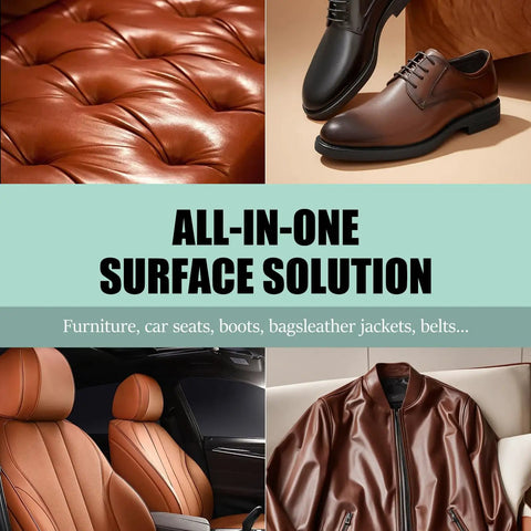 The Real Deal Leather And Furniture Repair Salve Polisher With Deep Conditioner That Brings Beat Up Surfaces Back To Life And Keeps Your Ride Looking Crisp For Cars Couches Boots 8 Oz displayed on leather surface, shoes, car seats, and jacket.