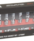 Box of 12-Piece One Quarter Inch Drive Flex Socket Set, 6-Point Metric, Angled Flex Sockets For Tight Spots, Loctite Pins Prevent Loosening, Sizes 5mm To 15mm, Pro Grade Automotive And DIY Tool Kit Essential