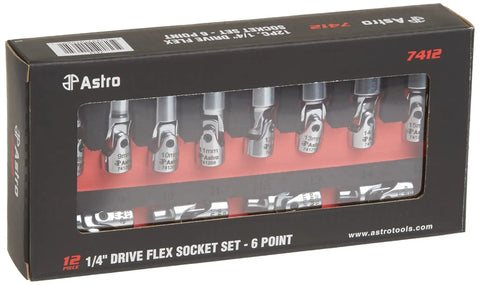Box of 12-Piece One Quarter Inch Drive Flex Socket Set, 6-Point Metric, Angled Flex Sockets For Tight Spots, Loctite Pins Prevent Loosening, Sizes 5mm To 15mm, Pro Grade Automotive And DIY Tool Kit Essential