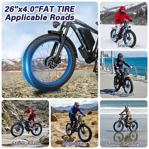All Wheel Drive Electric Mountain Bike For Adults With Dual 1500W Motors, versatile on snow, city roads, stones, mountains, beaches