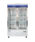 Game Changer Commercial Refrigerator With Dual Sliding Glass Doors 29 Cubic Feet Of Storage with adjustable racks in bright white.