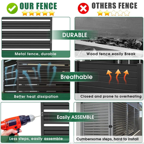 Comparison of our Three-Panel 42-Inch High Outdoor Privacy Fence for AC Units and Trash Cans versus others in durability and assembly