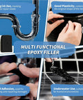 Black Epoxy Putty Stick 10.5oz 300g Two Part Repair Kit for leaks, cracks, holes, shown in various repair uses on metal and ceramics.