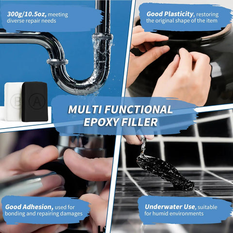 Black Epoxy Putty Stick 10.5oz 300g Two Part Repair Kit for leaks, cracks, holes, shown in various repair uses on metal and ceramics.