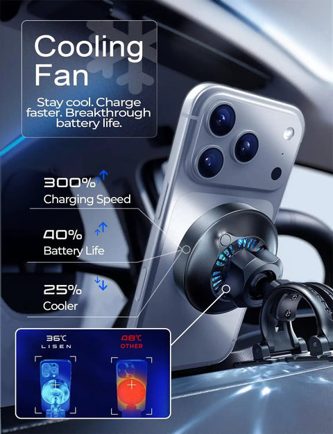 Qi2.2 25W MagSafe Car Mount Charger With Cooling Fan And 95W Fast Adapter in use with a smartphone attached on car vent