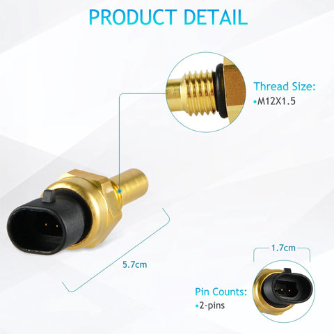 Engine coolant temperature sensor with brass threaded body M12X1.5 and black 2-pin connector (5.7 cm)