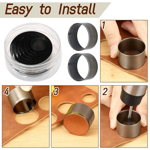 Leather Circle Cutter Tool Set With 7 Sizes 20mm To 50mm High Carbon Steel Hole Punch in use for leather crafting projects