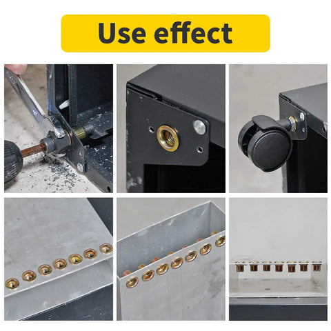 Rock Solid M10 Rivet Nuts Paired With A Durable Hand Rivet Tool Kit and Manual Rivnut Installer for visible assembly steps in metal work.