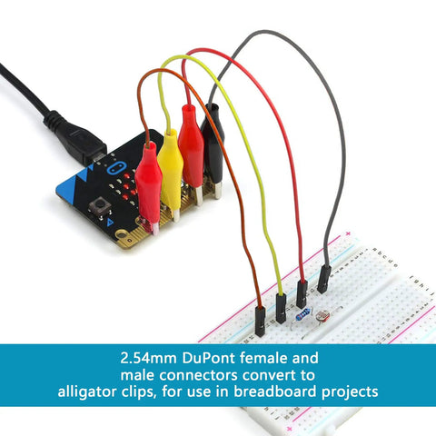 Extensive 560 Pcs Jumper Wire And Breadboard Kit With 2.54mm connectors and alligator clips connected to breadboard.