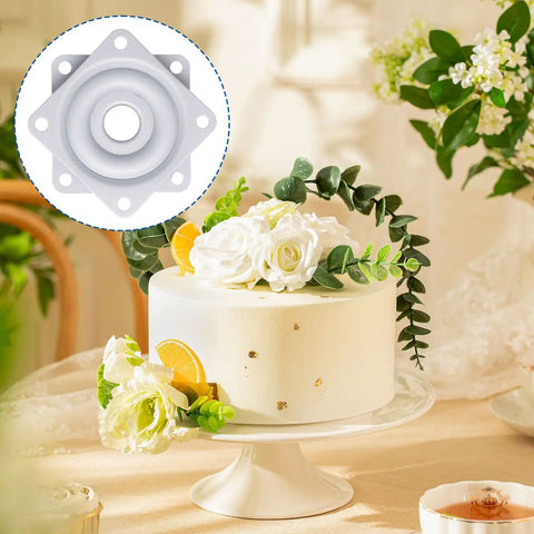 Smooth As Butter 3 Pack 2 Inch Lazy Susan Turntable Heavy Duty Silver Zinc Alloy Rotating Tray shown on decorated cake table.