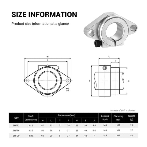 Front view of SHF16 aluminum shaft clamp for 12mm linear motion guides with mounting flange