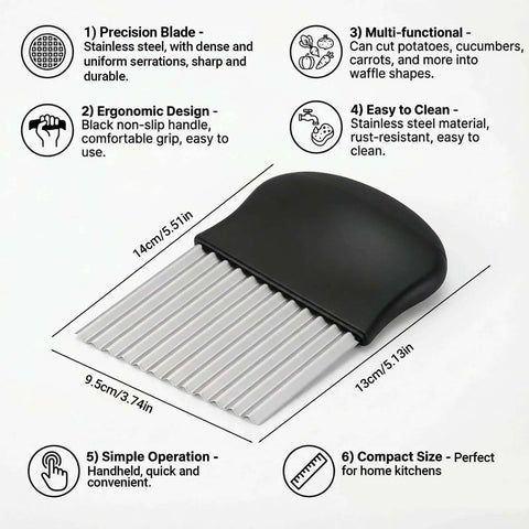 Potato cutter with black handle and stainless steel wavy blades for French fries; handheld kitchen tool.