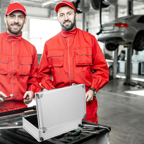 Two mechanics in red coveralls with a Badass Heavy Duty Aluminum Alloy Tool Box With Reinforced Carry Handle And Secure Latch System.