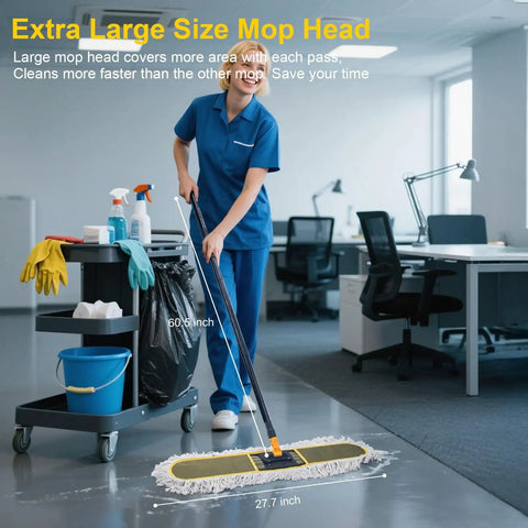 Person cleaning office floor with Workhorse 27 Point 7 Inch Commercial Dust Mop With 2 Replacement Pads For Wet And Dry Floor Cleaning.