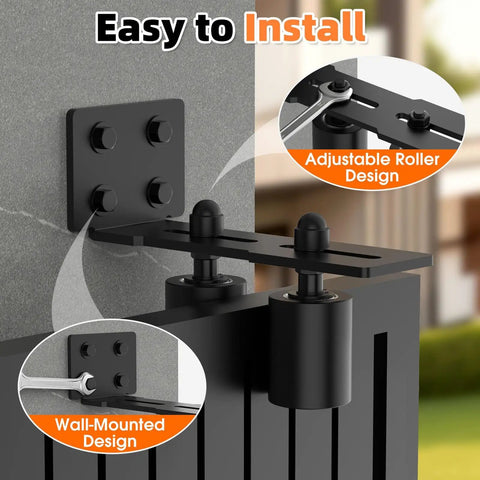 Heavy Duty Sliding Gate Guide Roller Hardware Kit with 3 Inch Black Nylon Wheels and Steel L Bracket installed on gate