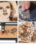Frylr Baltic Birch plywood sheets collage showing wood-burn portrait, circular engraving, dog panel, and globe model.