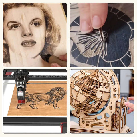 Frylr Baltic Birch plywood sheets collage showing wood-burn portrait, circular engraving, dog panel, and globe model.