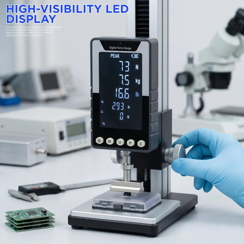 Six Way Testing Kit Digital 1000N Force Gauge With USB C Data Output N Kg Lb Units Push Pull Gauge For Tension And Compression Testing Battery Powered Includes Four Compression Platters Tension Hook And Extension Shaft, digital force gauge in lab