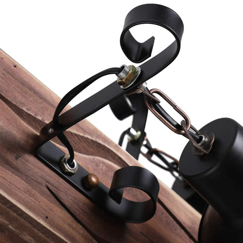 Close-up of Industrial Vintage Wooden Hanging Pendant Light With 4 Bulbs Dope Retro Loft Lantern Chandelier, wood and metal detail
