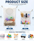 All-In-One Poolside Gear Organizer Set With Three Mesh Storage Bags (One Large, Two Medium) Plus Six Adhesive Hooks And Six Straps For Noodles, Floats, Toys, And Pool Accessories, Ideal For Above Ground Pools showcasing large and small mesh bags with pool toys inside.
