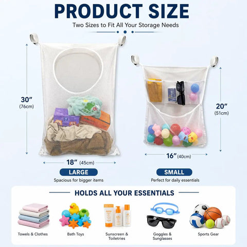 All-In-One Poolside Gear Organizer Set With Three Mesh Storage Bags (One Large, Two Medium) Plus Six Adhesive Hooks And Six Straps For Noodles, Floats, Toys, And Pool Accessories, Ideal For Above Ground Pools showcasing large and small mesh bags with pool toys inside.