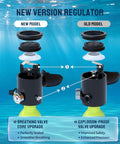Comparison of new and old valve models for Mini Scuba Tank Pony Bottle With Adapter For Underwater Practice Snorkeling And Shallow Water Diving 0.5 L 3.5 Cu Ft, Built From 6061 Aluminum, CE EN 250 DOT Certified, Explosion Proof Valve, Food Grade Bite Valve, Black, showing upgrades in safety and breathing precision.