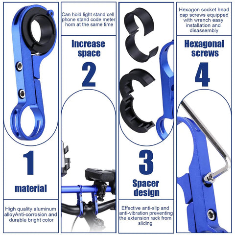 Blue 20cm Bike Handlebar Extension Frame With Double Clamp Bracket shown with anti-slip design, screws, and light mount.